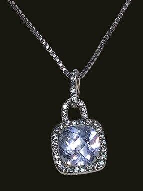 Silver Tone Necklace Square AB Crystal Halo Pendant & Pavé Bail on 22" Box Chain